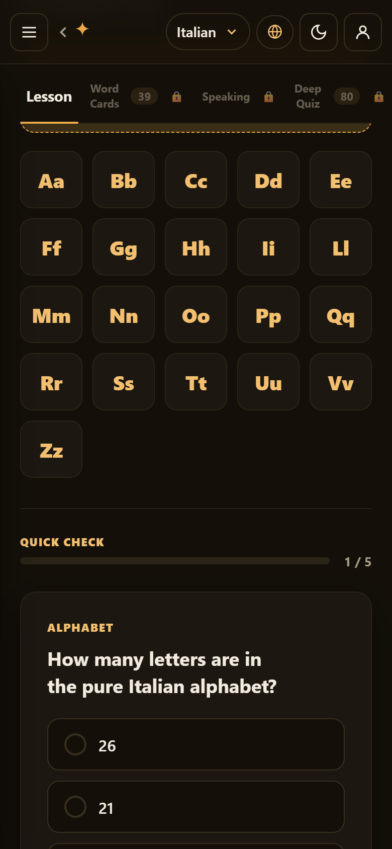 Tappable letter cards and a quick check question